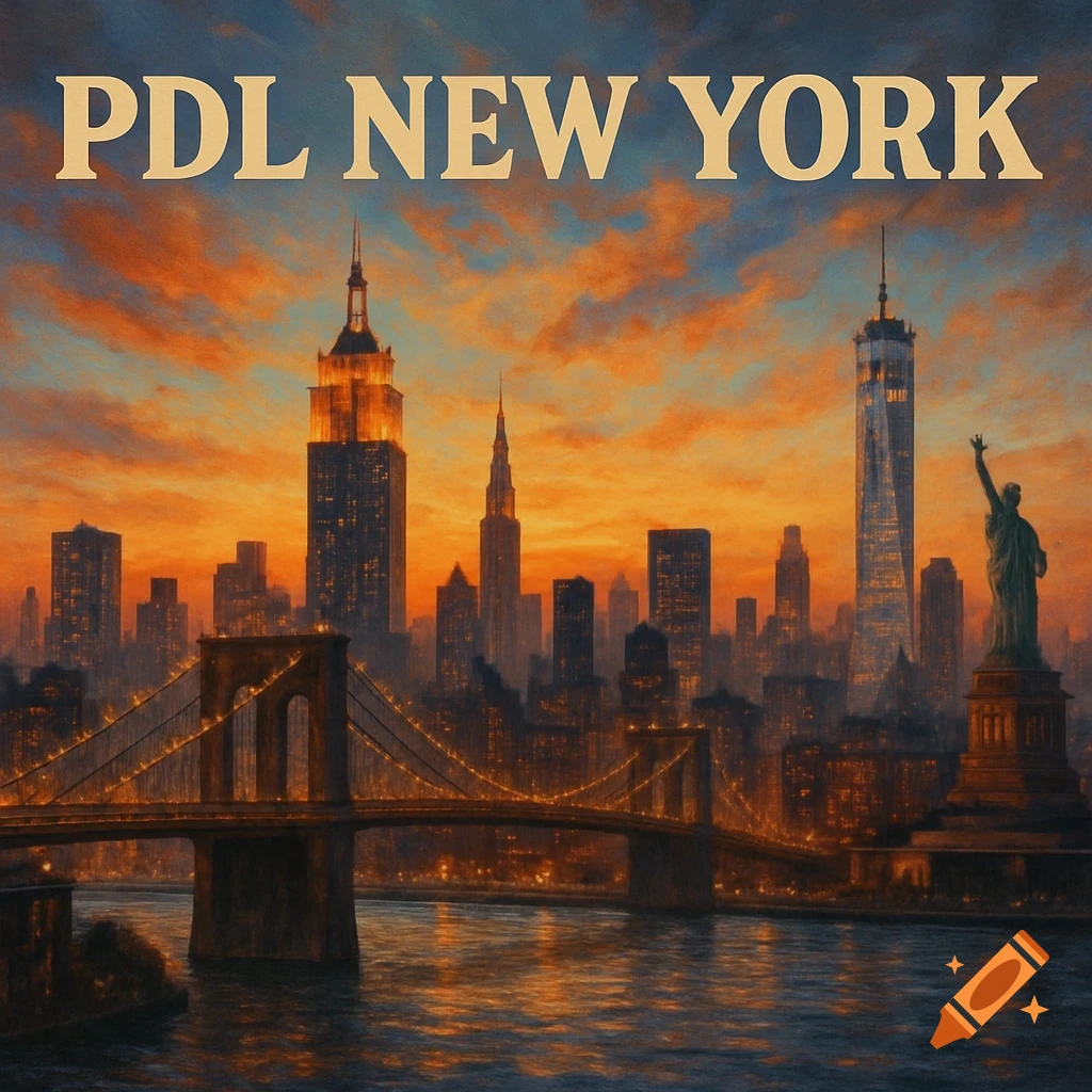 Stylized depiction of the New York City skyline with the Brooklyn Bridge and Statue of Liberty at sunset, featuring 'PDL NEW YORK' text.