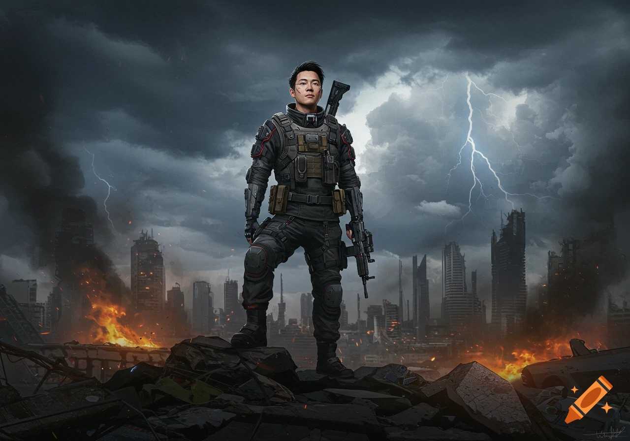 A determined soldier stands holding a rifle amidst a destroyed city engulfed in fires under a stormy, lightning-filled sky.