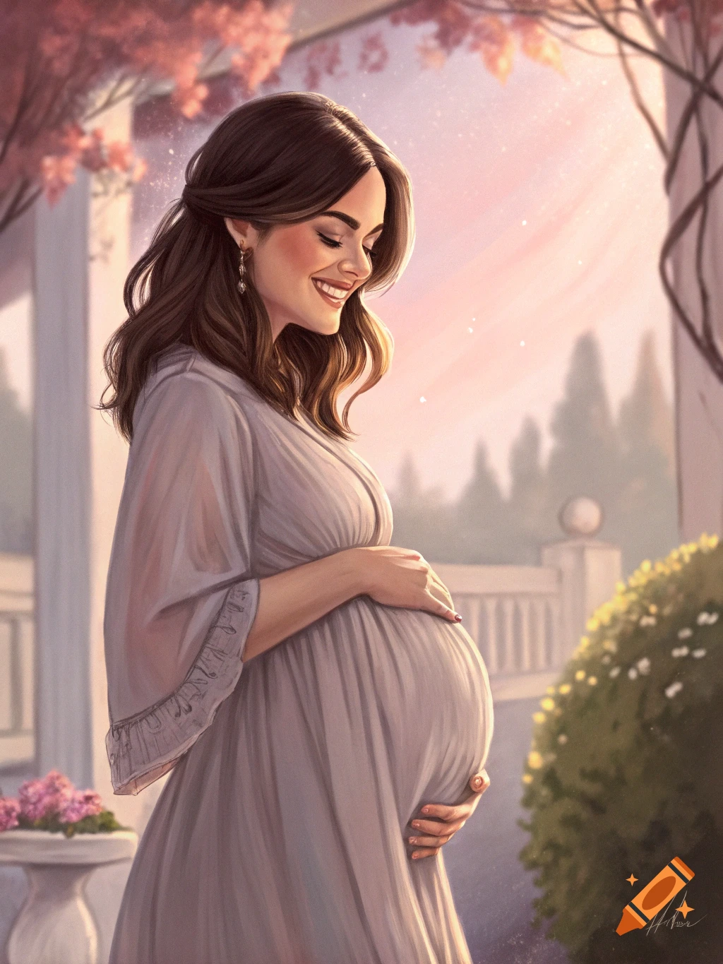 A smiling pregnant woman with long brown hair, wearing a light-colored dress, gently holds her belly outdoors in a bright, soft-focus setting with trees.