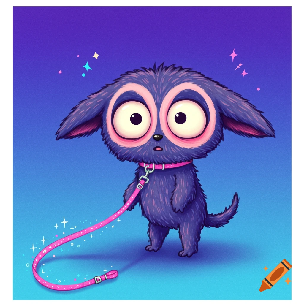 A cute, dark blue furry creature with large pink-rimmed eyes and a pink leash against a purple background in a cartoon style.