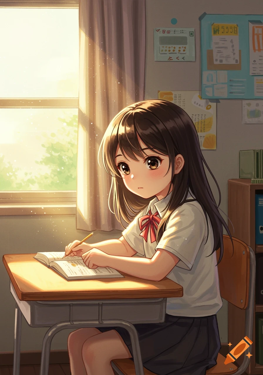 Anime-style elementary school student with brown hair studying at a desk in a sunny classroom.