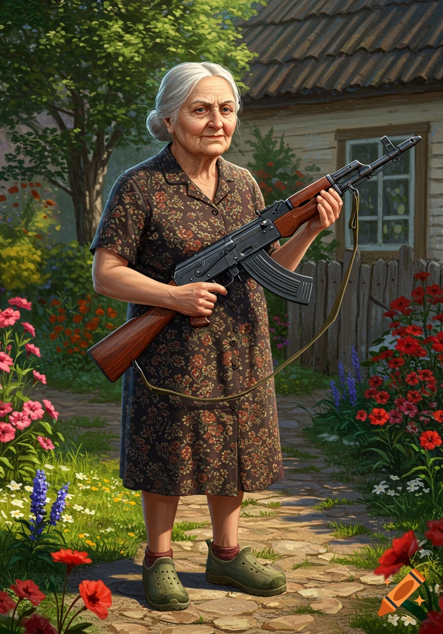 An elderly woman with gray hair stands in a vibrant garden, holding an AK-47 rifle. A rural house is in the background.