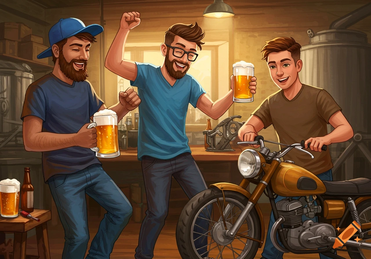 Three happy men, one on a motorcycle, enjoy beers in a vibrant cartoon illustration of a brewery workshop.