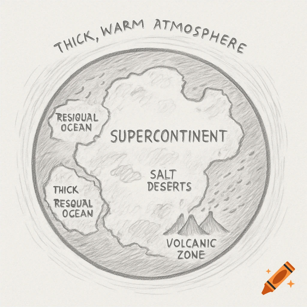Pencil sketch diagram of a future Earth showing a central supercontinent, residual oceans, salt deserts, volcanic zone, and a thick, warm atmosphere.