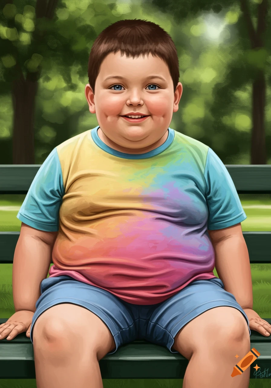 A smiling, chubby boy with dimples and blue eyes sits on a park bench, wearing a vibrant rainbow tie-dye t-shirt and blue shorts, in an illustration style.