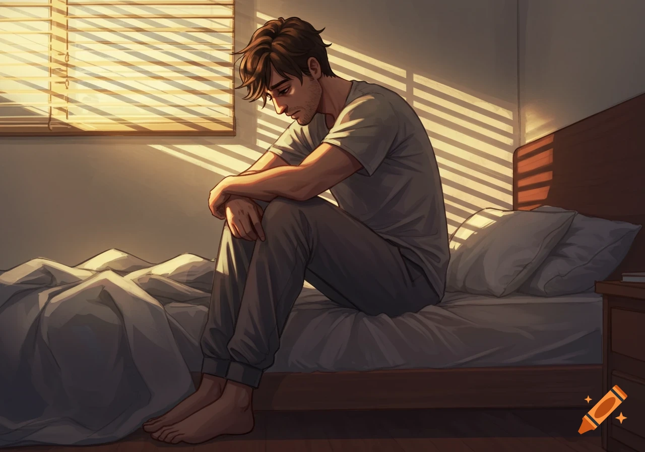 Illustration of a sad man sitting on a bed looking down as sunlight filters through blinds.