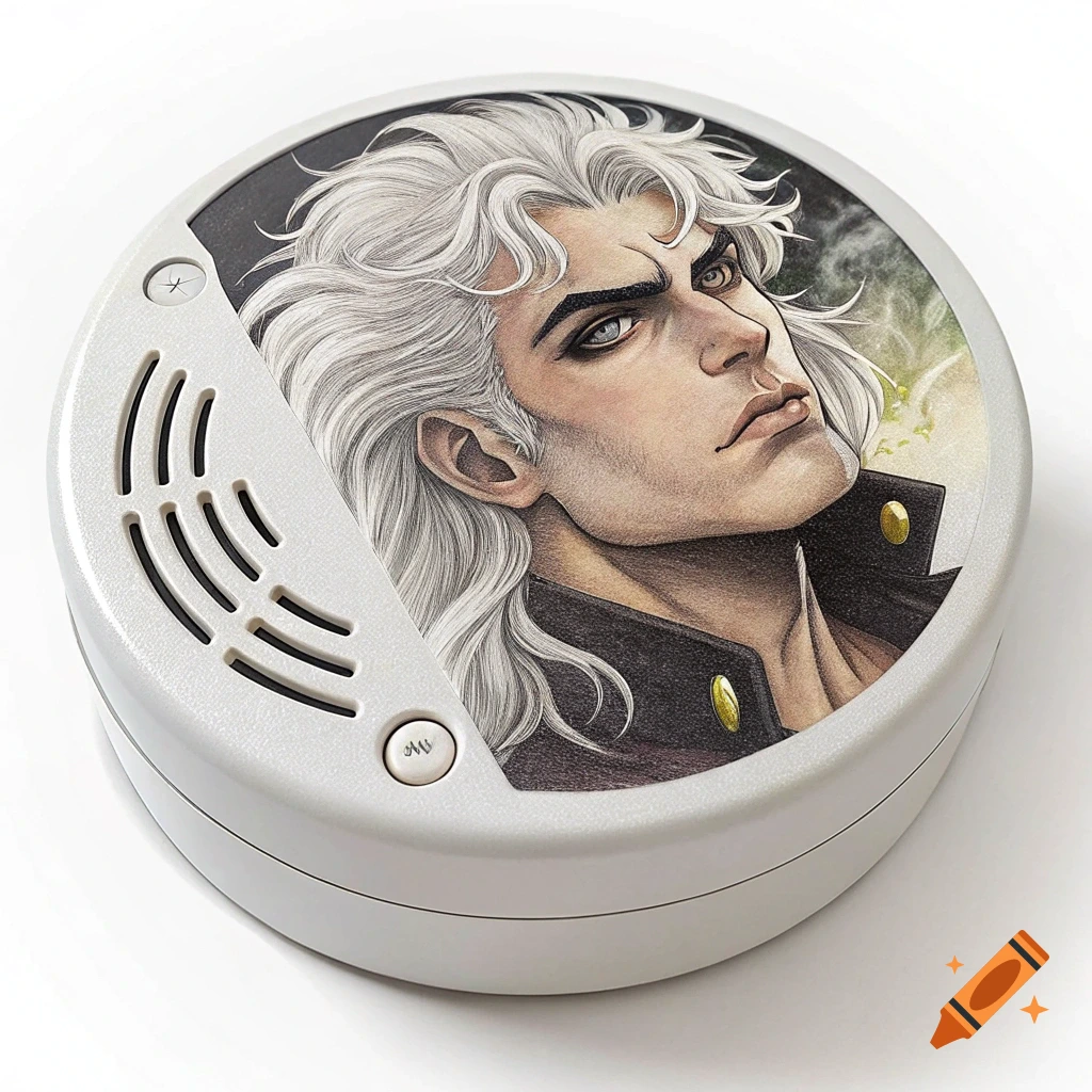 A white smoke detector features an illustration of Dio Brando from JoJo's Bizarre Adventure, with long white hair and an intense gaze, in an anime style.