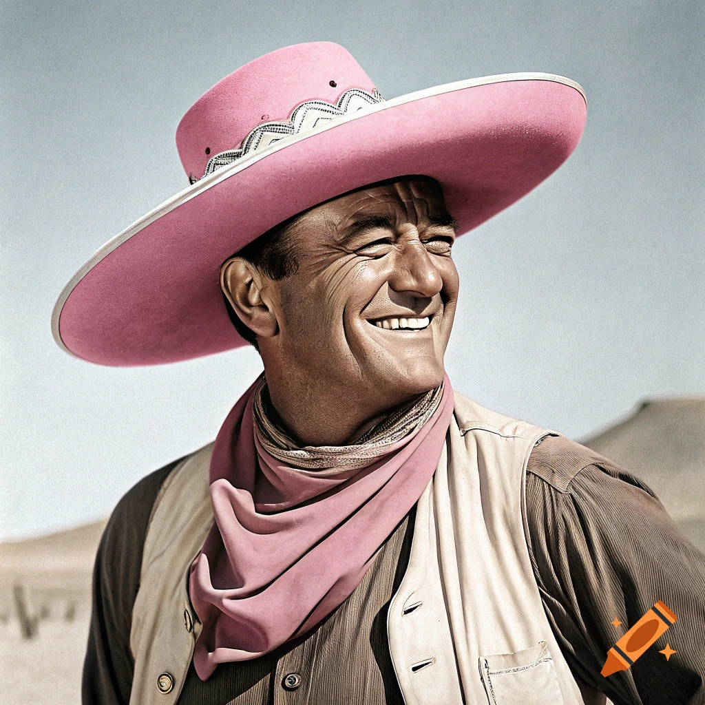 Photorealistic portrait of a smiling John Wayne in a pink cowboy hat and bandana.