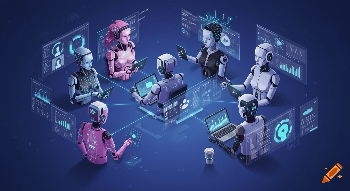 Isometric illustration of robots with various designs participating in an online meeting, surrounded by holographic data screens.