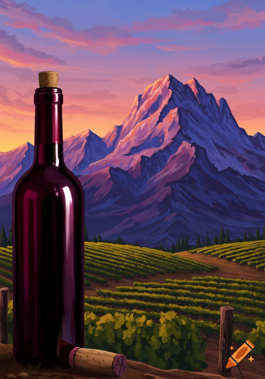 A wine bottle with a cork on a fence post in front of a vineyard and purple mountains under a sunset sky, in a stylized art style.