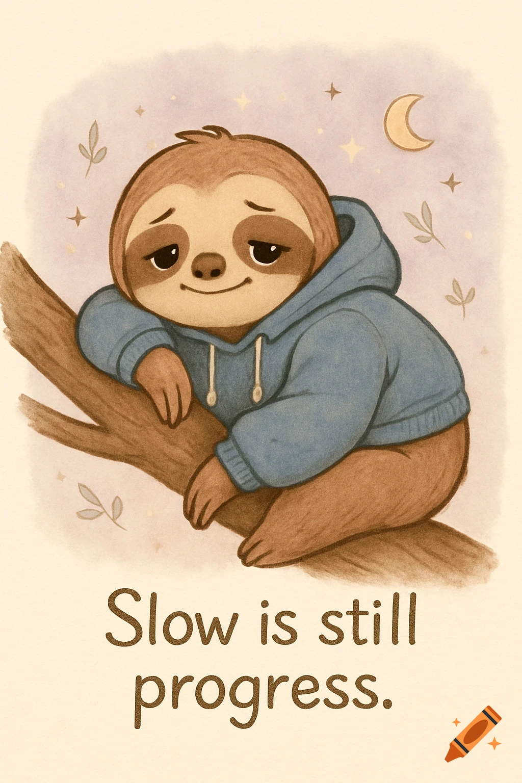 Cute cartoon sloth in a blue hoodie resting on a tree branch under a crescent moon, with text 'Slow is still progress.'