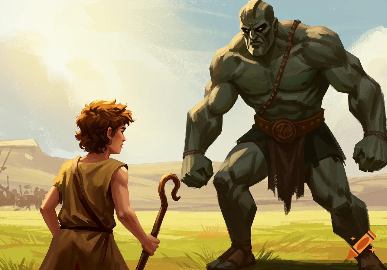 A stylized illustration of a young boy holding a shepherd's crook facing a large, green-skinned giant in a grassy field.