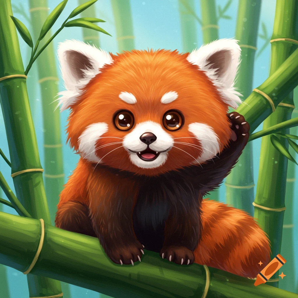 A cute cartoon red panda with large brown eyes and white facial markings sits on a bamboo branch, smiling and waving.