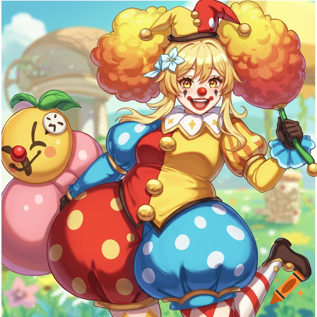 A smiling anime girl, Lumine, in a colorful clown costume with a jester hat and big yellow hair, holds a red cotton candy-like object. A winking clown balloon is beside her in a cheerful outdoor setting.