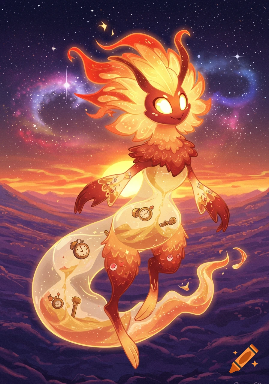 A vibrant, stylized fantasy creature with fire-like hair and a translucent body containing clocks, floats in a cosmic sunset sky above clouds.