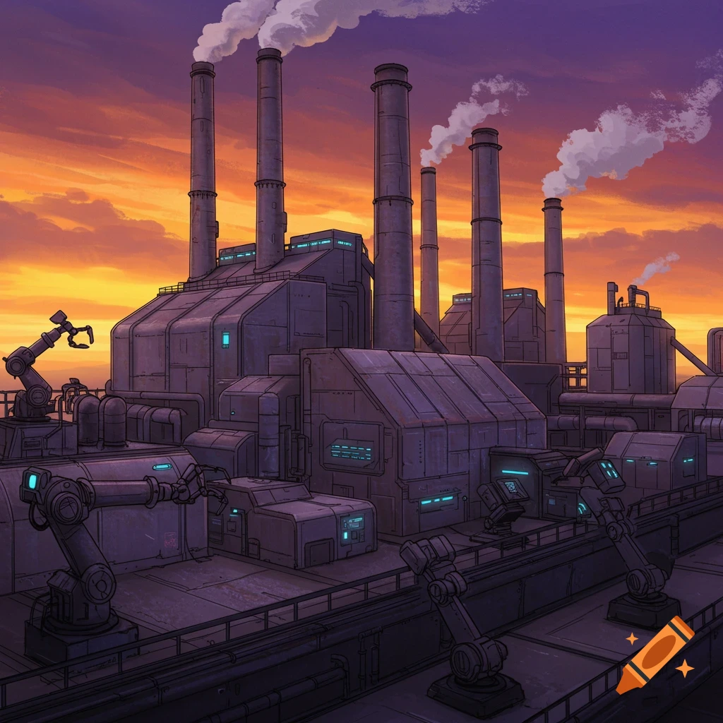 An industrial factory with smokestacks and robotic arms under an orange and purple sunset sky.