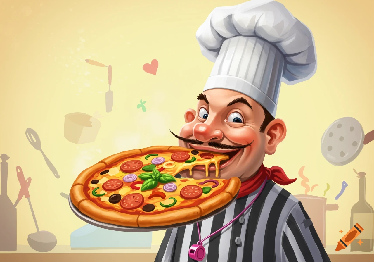 Cartoon chef with a mustache happily eating a slice of pizza, kitchen background.