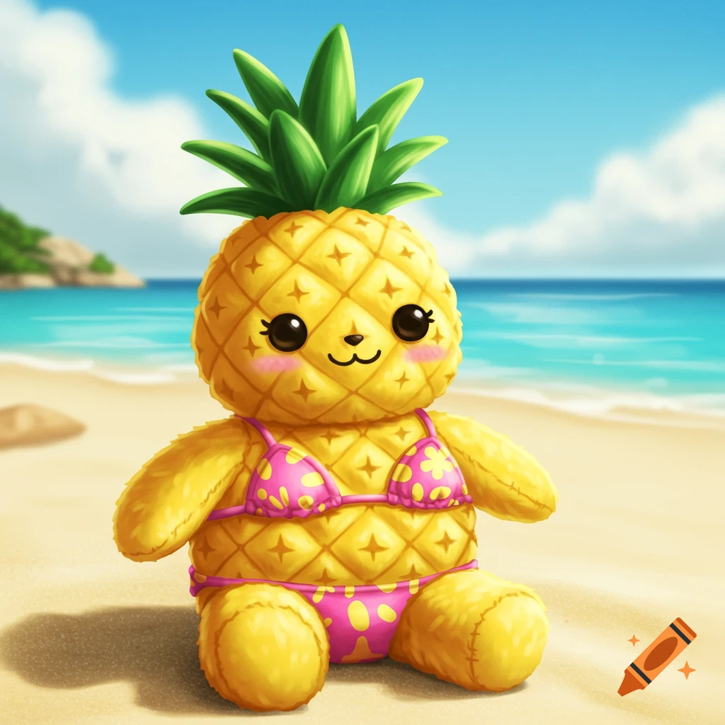 A cute pineapple plush toy wearing a pink bikini sits on a sandy beach with the ocean in the background.