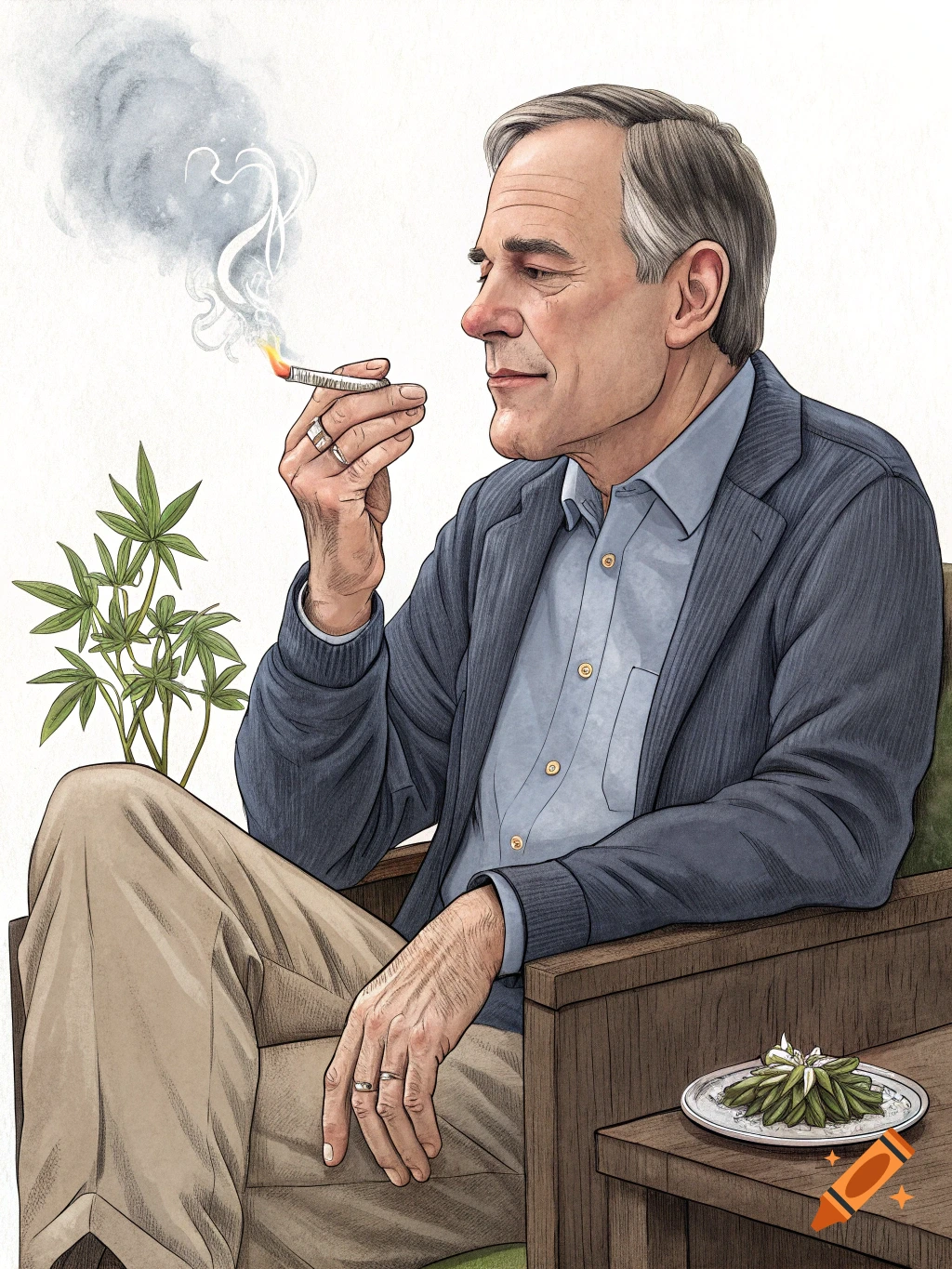 Illustration of a man resembling Greg Abbott smoking a joint, with a marijuana plant behind him.