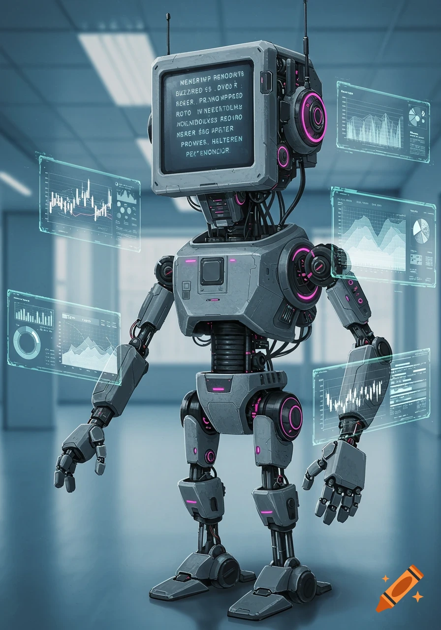 A detailed gray robot with a screen head displaying text and surrounded by floating holographic data screens in an office.