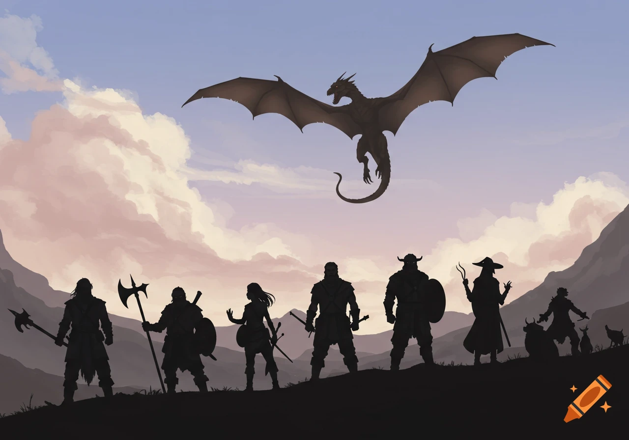Silhouettes of seven adventurers standing on a hill looking up at a dragon flying against a cloudy sunset sky.