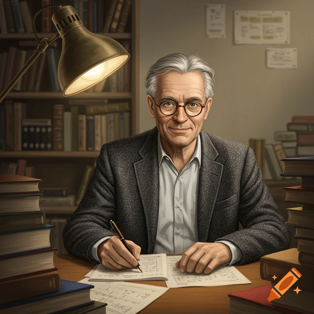 A distinguished older man with gray hair and glasses writes at a desk surrounded by stacks of books and a glowing lamp.