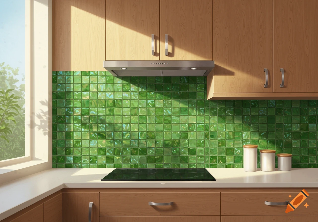 A sunlit kitchen with wooden cabinets, green mosaic tile backsplash, a dark cooktop, and white canisters on the counter.