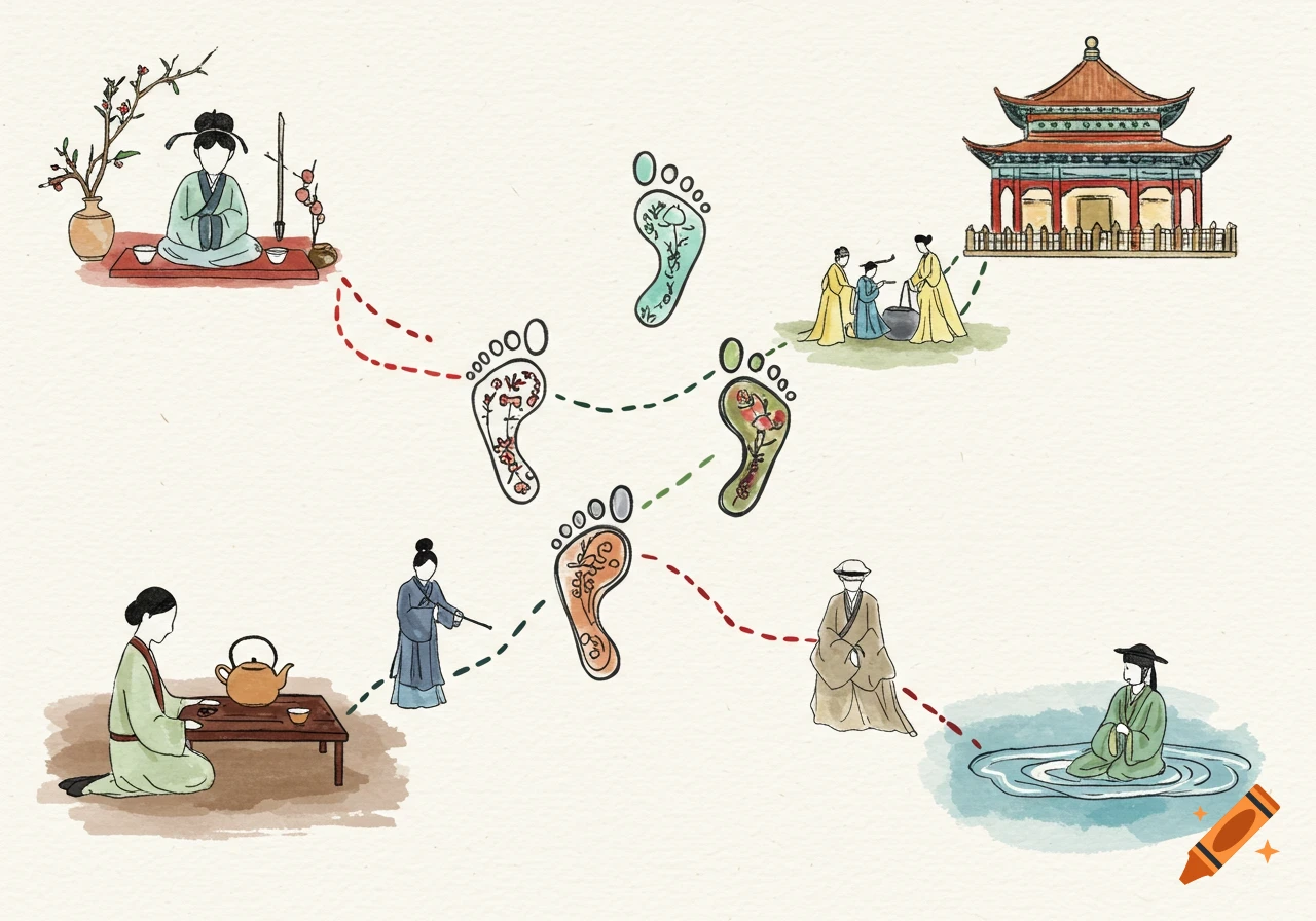 Watercolor illustration of traditional Chinese cultural scenes, including tea ceremonies and a temple, connected by footprints and paths.