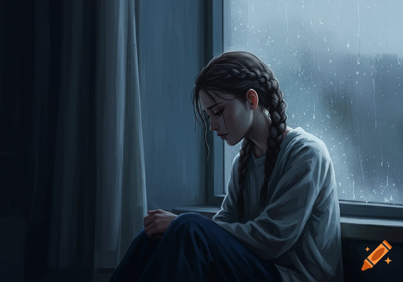 A somber woman with braided hair sits by a window on a rainy day in a digital painting.