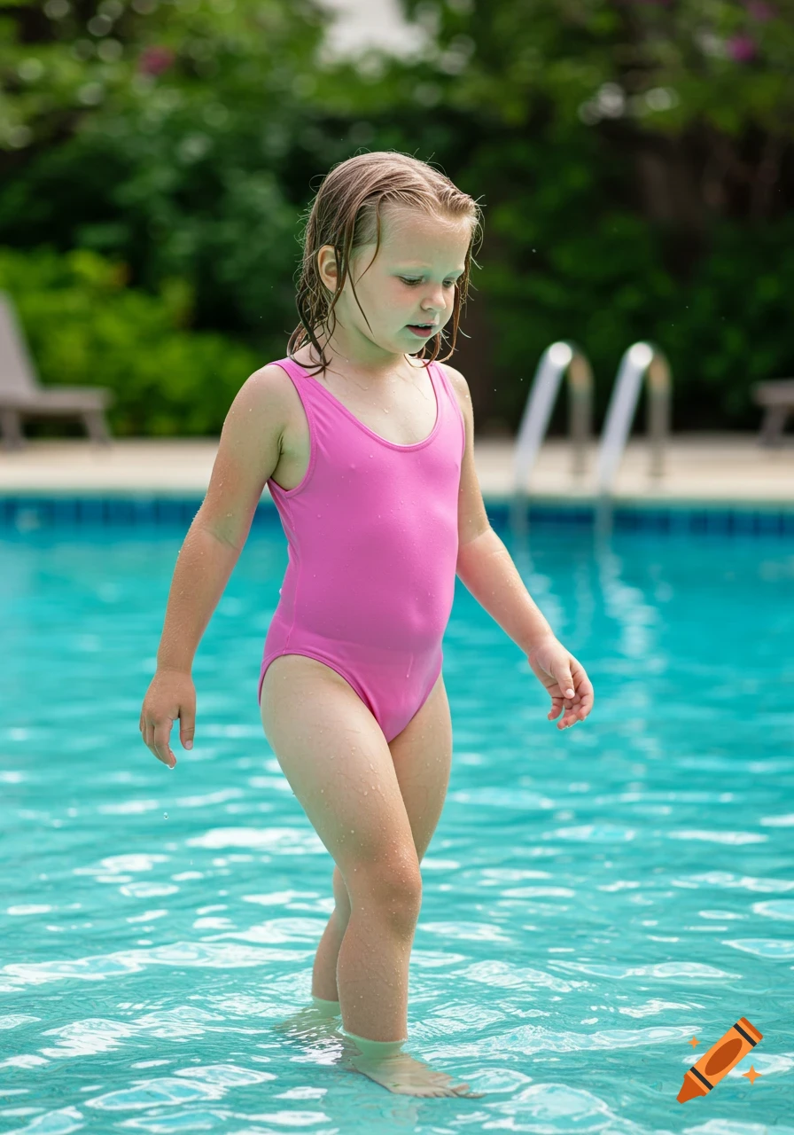 A young child in a pink swimsuit stands in a swimming pool.