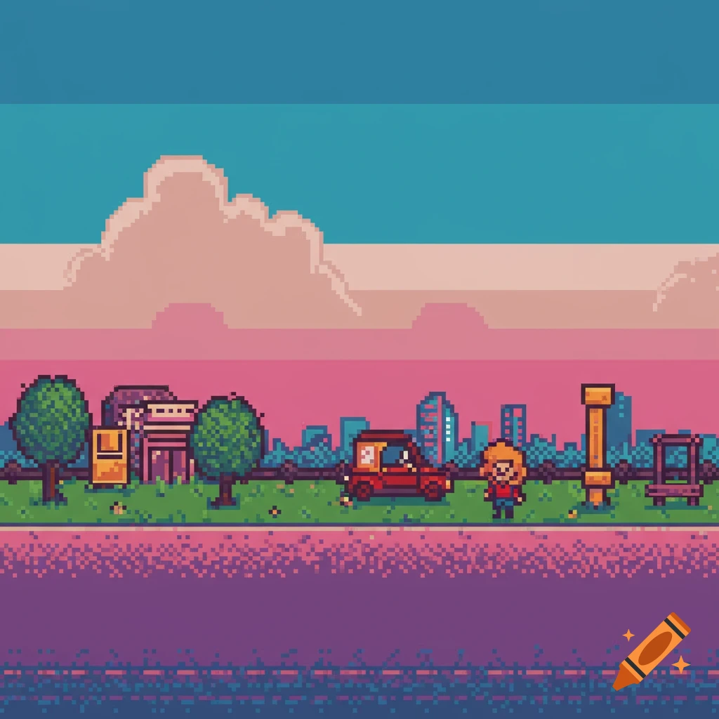 Pixel art street scene with a person, a red car, trees, and buildings against a colorful sky.