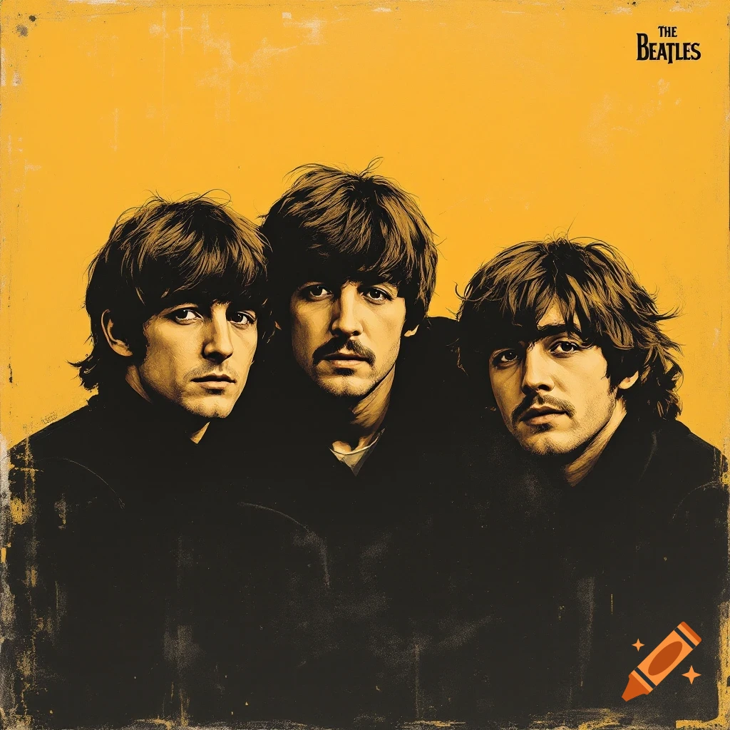A stylized portrait of three men resembling The Beatles with a yellow background and distressed textures, in the style of a vintage album cover.