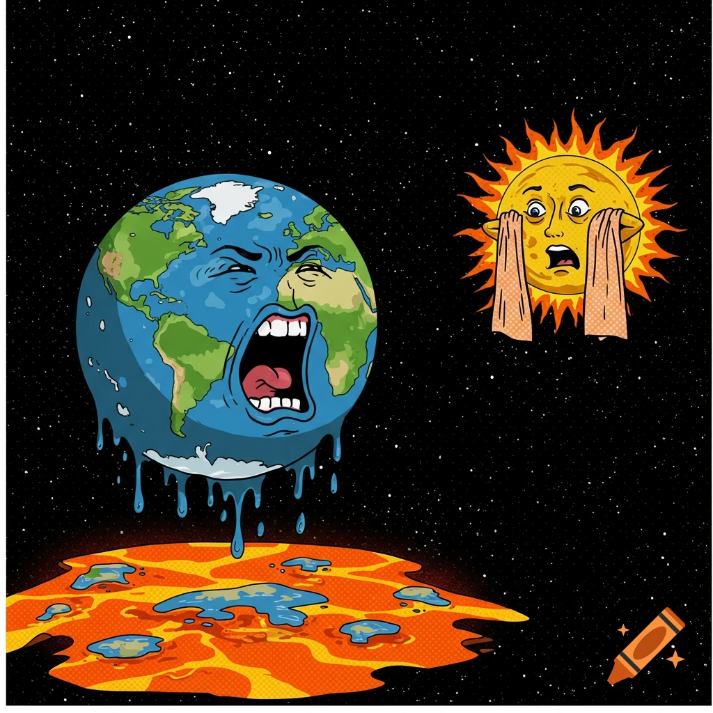 Cartoon Earth melting and crying, next to a sweating sun wiping its face with towels, all against a starry space background.