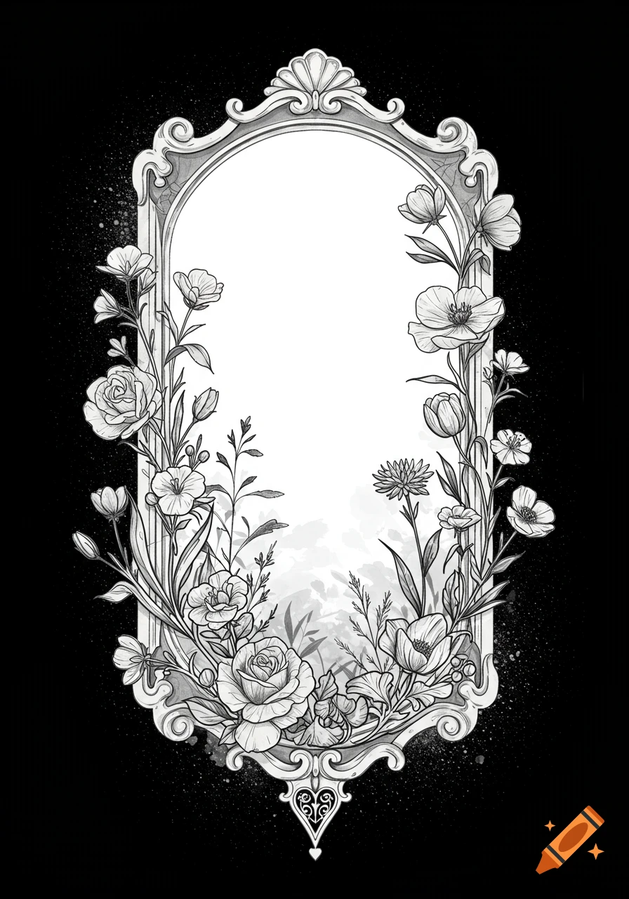 Black and white floral frame illustration with roses, tulips, and wildflowers surrounding an ornate oval frame with a heart detail.