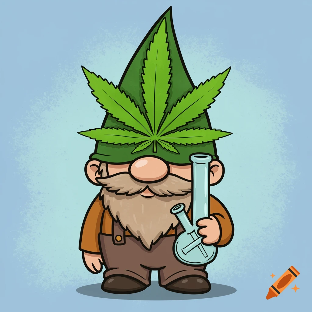 A cartoon gnome wearing a green hat with a cannabis leaf, holding a bong.