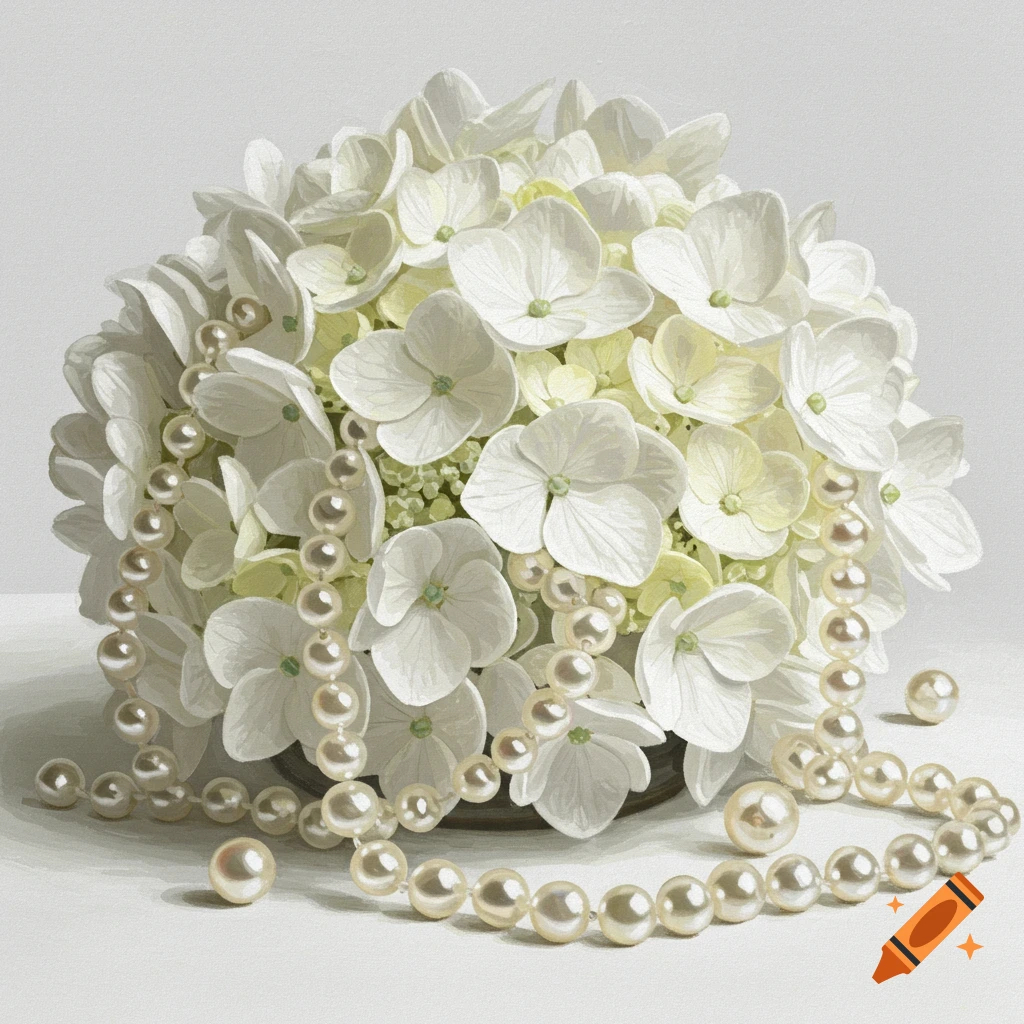 White hydrangeas with draped pearls on a light surface, realistic still life.