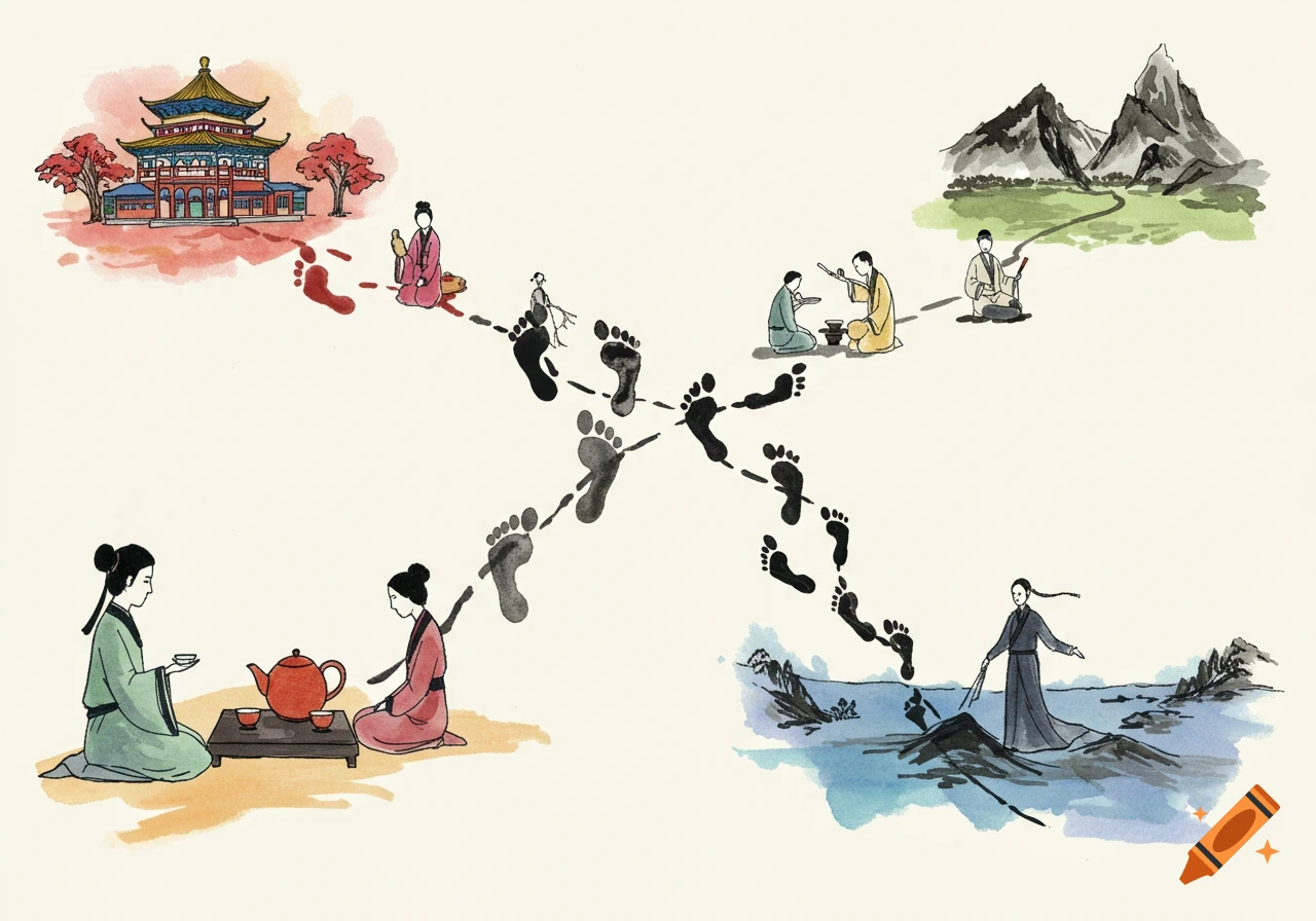 Watercolor and ink illustration of various Chinese cultural scenes, including a temple and tea ceremonies, connected by a network of footpaths.