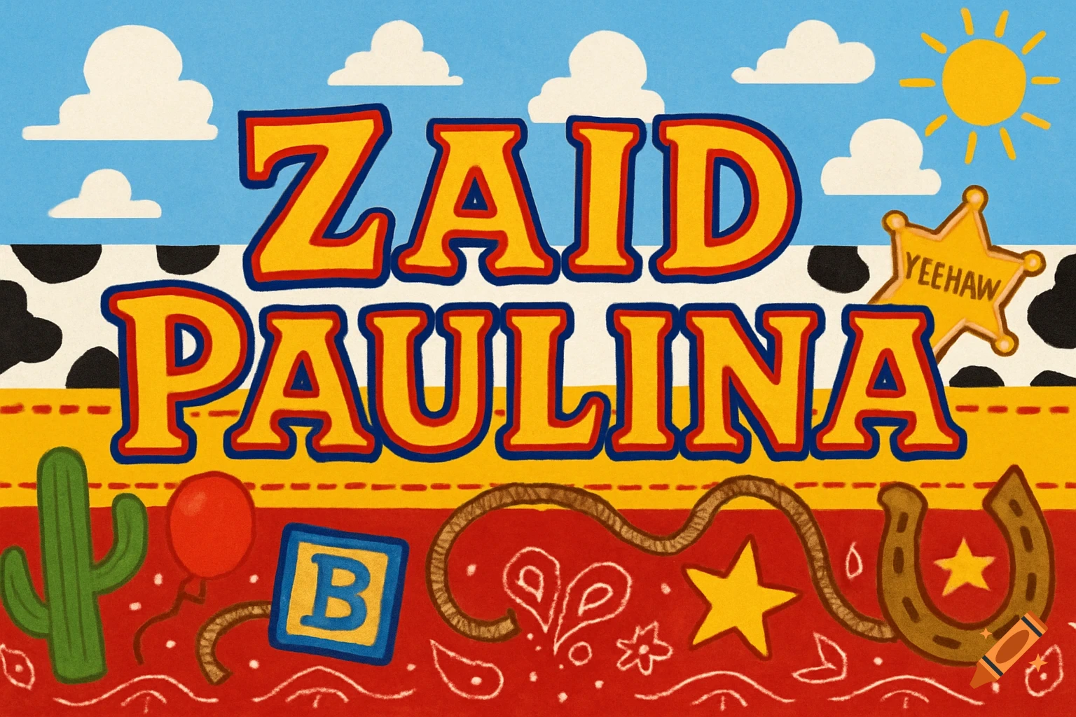 A colorful, cartoon-style banner with the names "ZAID PAULINA" in large yellow and red western-style letters. It features a blue sky, white clouds, a cow print band, a yellow strip with red stitching, a sheriff badge with "YEEHAW", a red bandana print border, a lasso rope, cactus, a red balloon, a block with the letter "B", and a horseshoe.