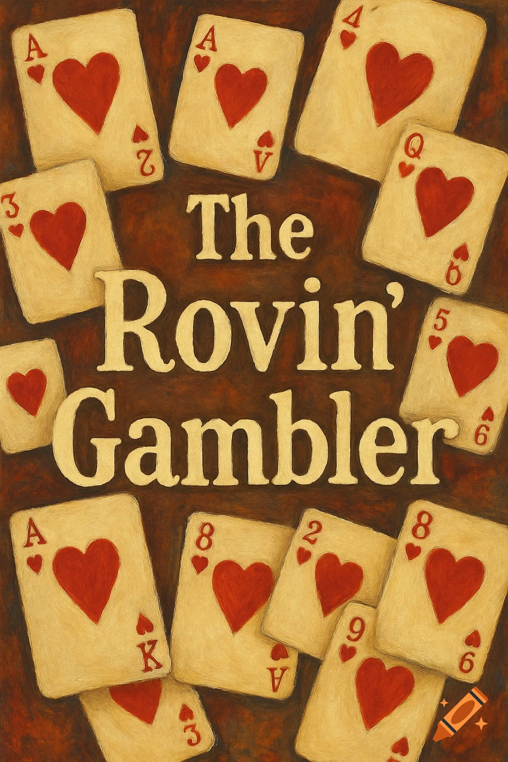 An oil painting of playing cards, all hearts suit, scattered around the golden text 'The Rovin' Gambler' on a dark brown background.