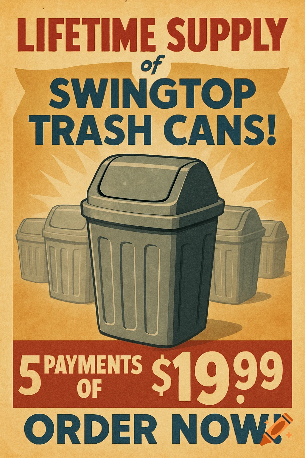 A vintage-style advertisement poster for a lifetime supply of swingtop trash cans, showing price and order information.