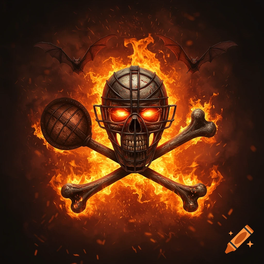 A stylized skull wearing a metal catcher's mask with glowing red eyes, set against a background of vibrant orange flames. Below the skull are crossed bone and a wooden club, with two flying bats in the smoky background.