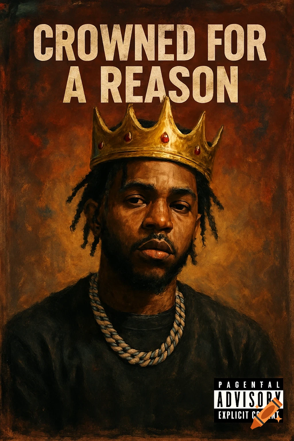 A painted portrait of a man with dreadlocks wearing a gold crown and chain, with album title 'CROWNED FOR A REASON'.