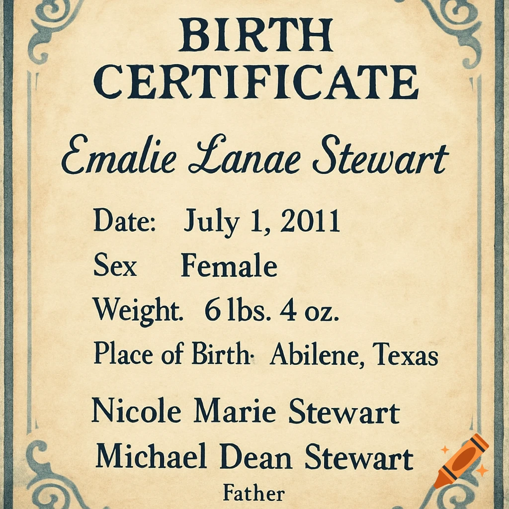 A vintage-style birth certificate with the name Emalie Lanae Stewart, born July 1, 2011, weighing 6 lbs. 4 oz. in Abilene, Texas. Parents are Nicole Marie Stewart and Michael Dean Stewart.