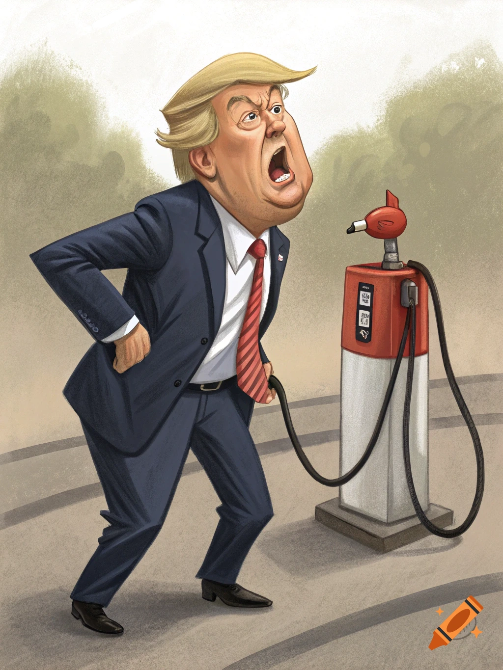 Caricature of Donald Trump with an angry expression, pulling a nozzle from a vintage red and white gas pump.
