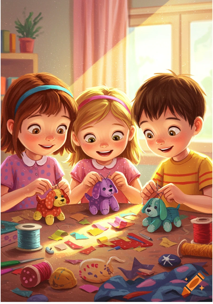 Three happy children, two girls and a boy, smiling as they stitch colorful plush puppy toys at a craft table filled with fabric scraps and thread, bathed in sunlight.