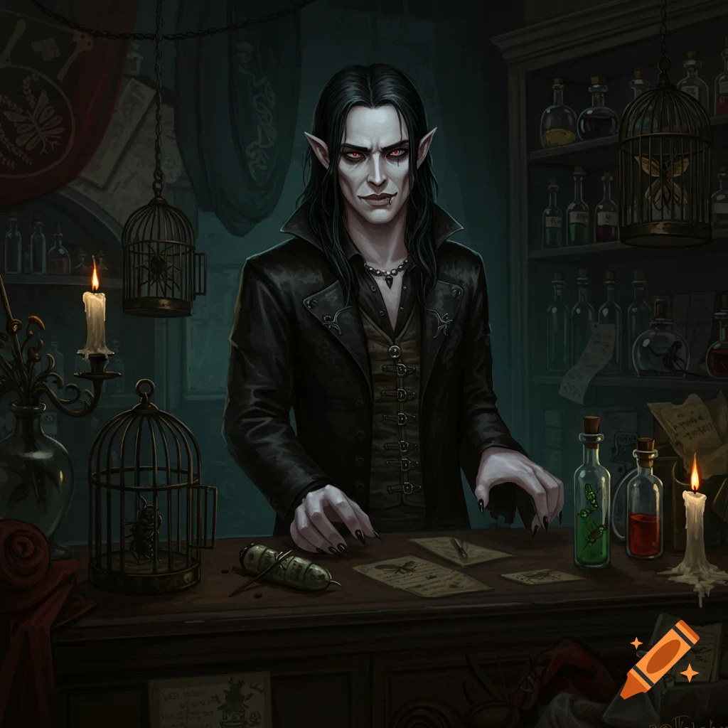 A pale-skinned vampire shopkeeper with red eyes stands behind a dark counter in a gothic shop filled with potions and candles.