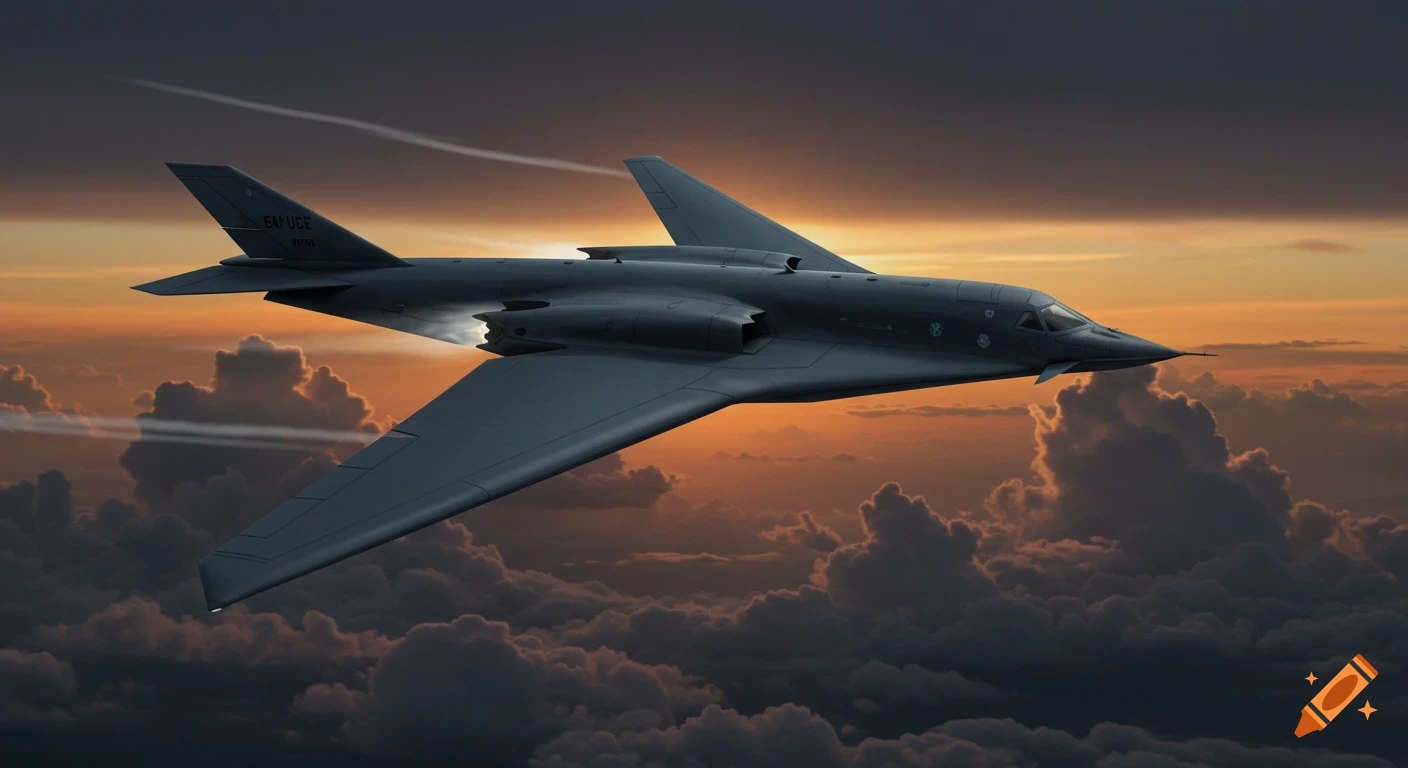 A dark stealth bomber flies through a sunset sky with orange and dark clouds below and above it.