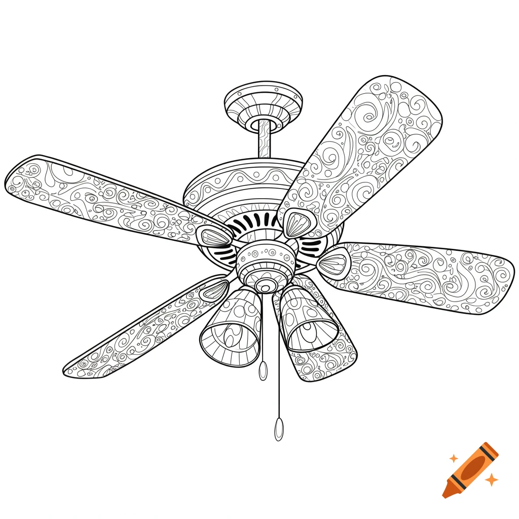 Black and white line art coloring page of a ceiling fan with intricate patterns on its blades and lights.