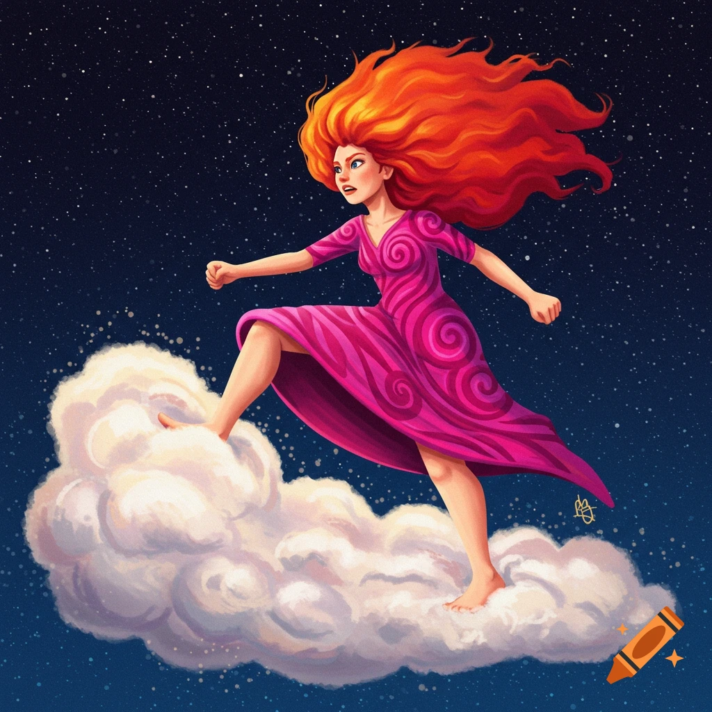 A vibrant digital illustration of a fiery-haired woman in a pink dress striding across a fluffy white cloud under a starry night sky.