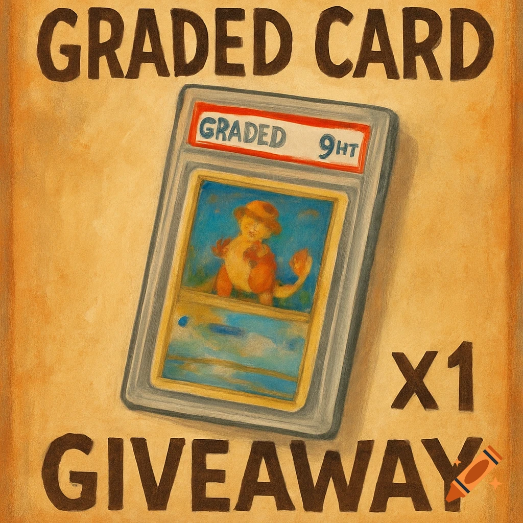 A stylized painting of a graded trading card, possibly featuring a creature similar to Charmander, with the words 'GRADED CARD', 'X1', and 'GIVEAWAY' on a textured background.